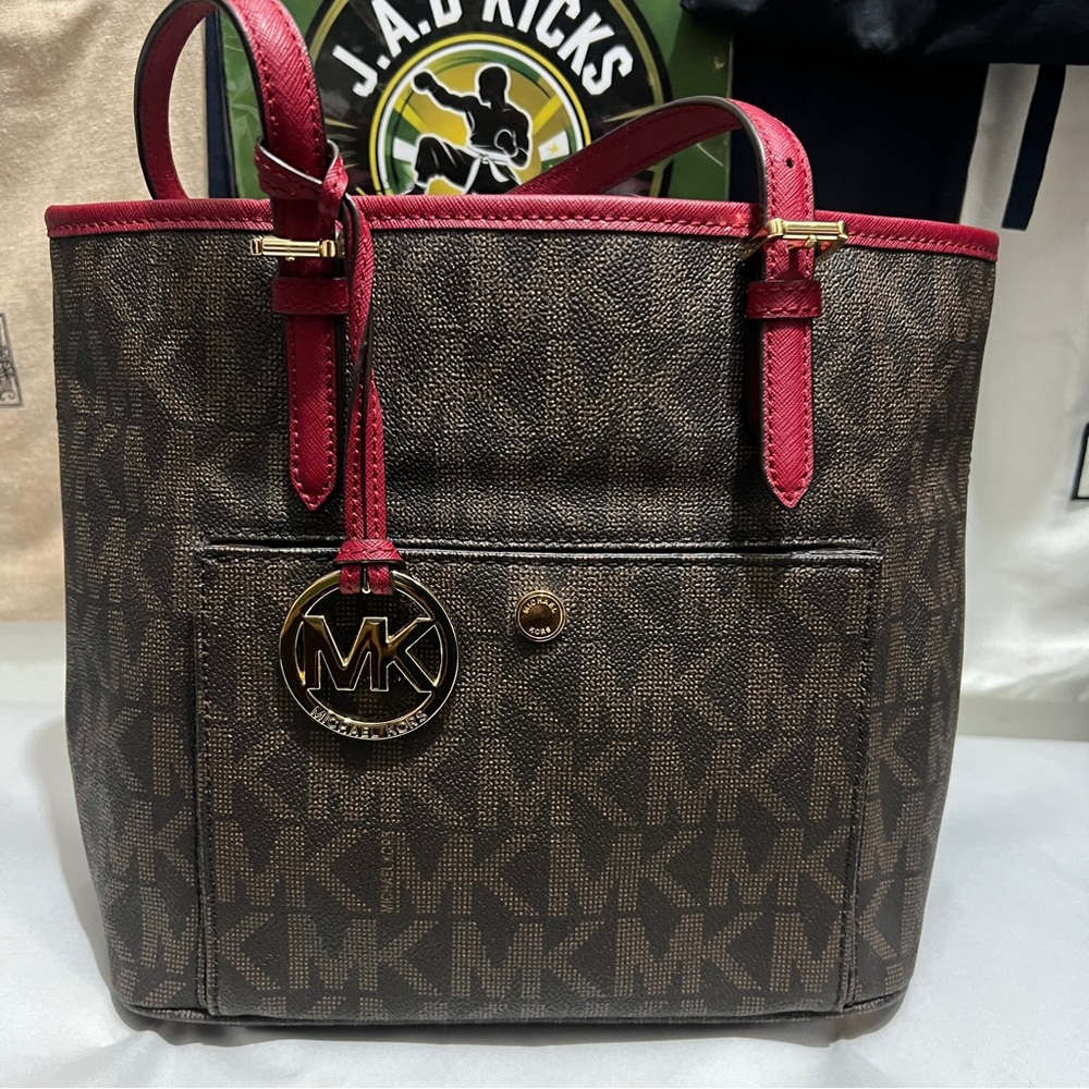 Michael Kors Signature Brown Tote with Red Trim